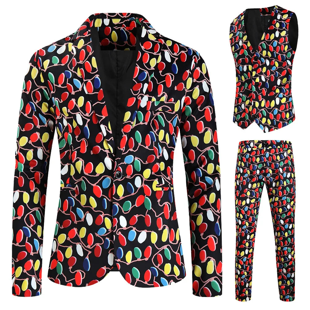 New Men's 3 Piece Christmas Sets Blazers+Vest+Pants 2026 Xmas Printed Men Suit Set Party Stage Dress Up Style Costume Streetwear