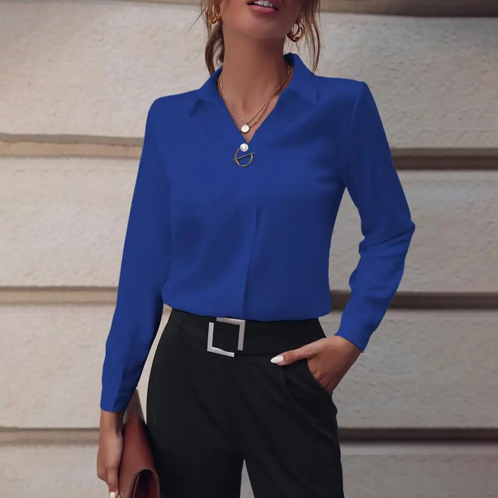 Summer Elegant Women's Blouse New V-neck Long Sleeve Solid Color Loose Shirt Casual White Tops Office Lady Blouses