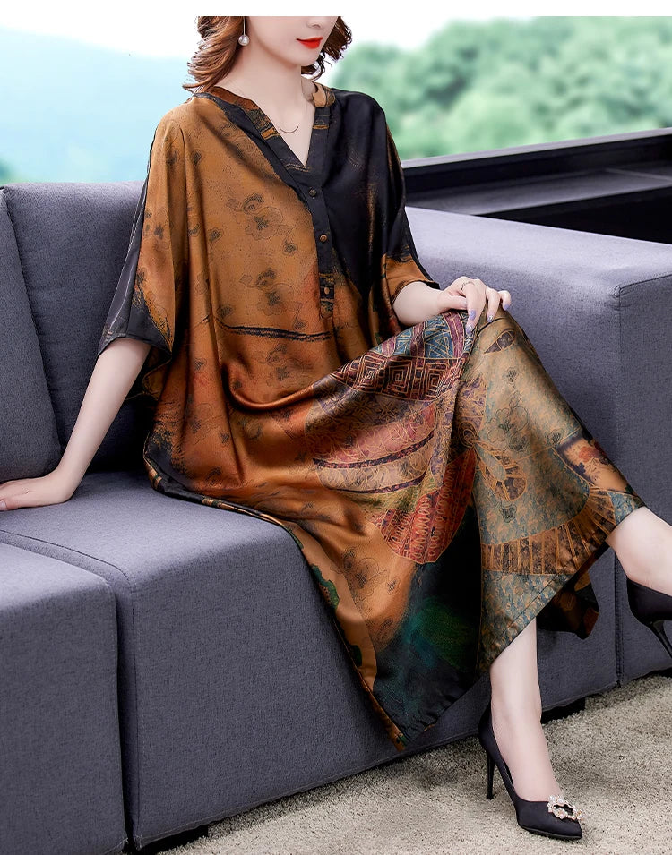 Mulberry Silk Dresses Women's New Summer Long Dress Female Fashion Loose V- Neck High-End Print Pullover Dresses