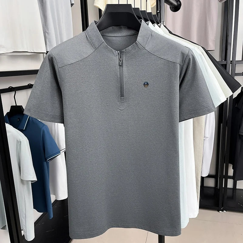 Men's Summer New Bear Embroidered T-Shirt Beach Casual Mesh Half Zipper Short Sleeve Soft Comfortable Splicing Men's Clothing