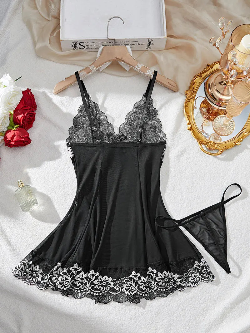 Summer Short Nightgown Delicate Embroidery Women's Sexy Lingerie Panty Sets Hot Transparent Thin Pyjamas Plus Size Curvy Dresses