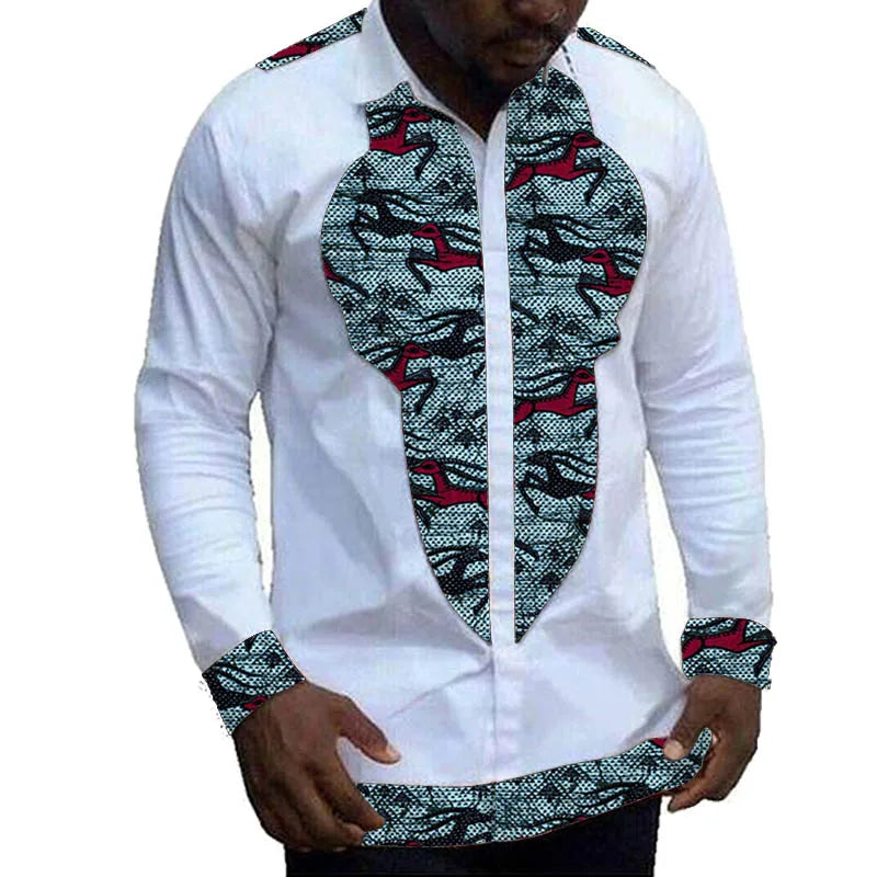 Nigerian Fashion White Men's Shirts Modern Design Casual Shirt Patchwork Long Sleeved Lapel Top African Couture Party Wear