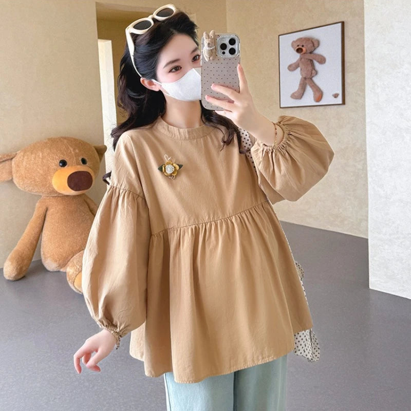 Maternity Blouse Spring Autumn Flower Round Neck Puff Long Sleeve Tops For Pregnant Women 2026 Loose Comfortable