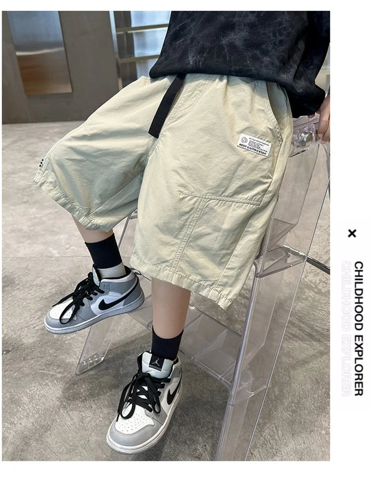 Kids Casual Solid Color Cargo Shorts for Tween Boys Khaki Black Summer Shorts Teenage Child Brief Knee-Length Pants Age 5-14Y
