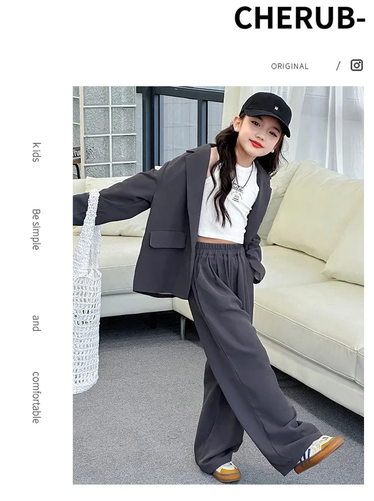 Girls Blazer Set Spring Autumn Fashion Loose Fit Jacket Trousers 2-Piece Kids Casual Outfit Trendy School Children Clothes Suit