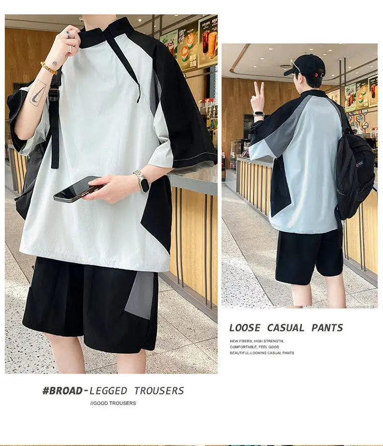 【T-Shirt + 5-Point Shorts】Men's T-Shirt Set Summer Fashion Nylon Blend Diagonal Neck Streetwear Sports Leisure Two-Piece Suit