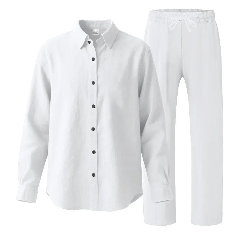 KIDWHXR Man 2-piece Outfit Spring Single-breasted Long Sleeve Shirts Male Drawstring Trousers Men Thin Cotton Linen Casual Set