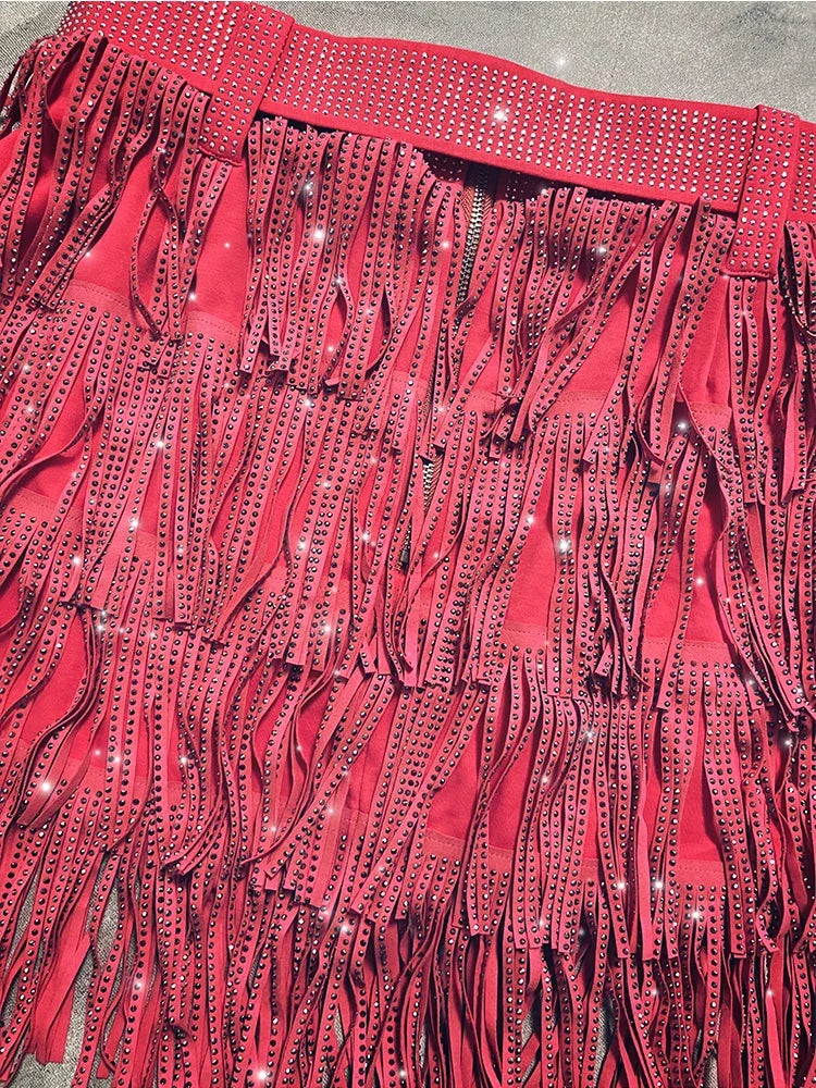 Women Skirt Fashion 2025 New Autumn High Waist Belt Multi Layer Short  Heavy Drilling Rhinestones Fringed Skirt with Cake A Line