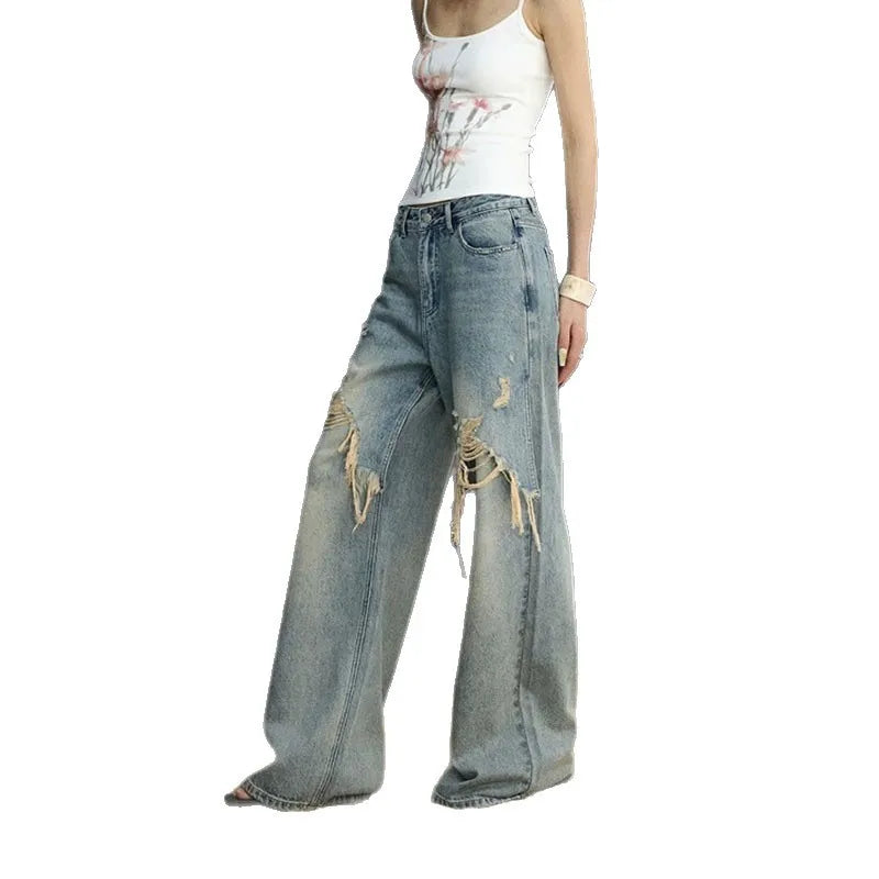 2026 New Women's Jeans Trendy Brand High Street Splicing Distressed Loose Casual Wide Legs Straight Long