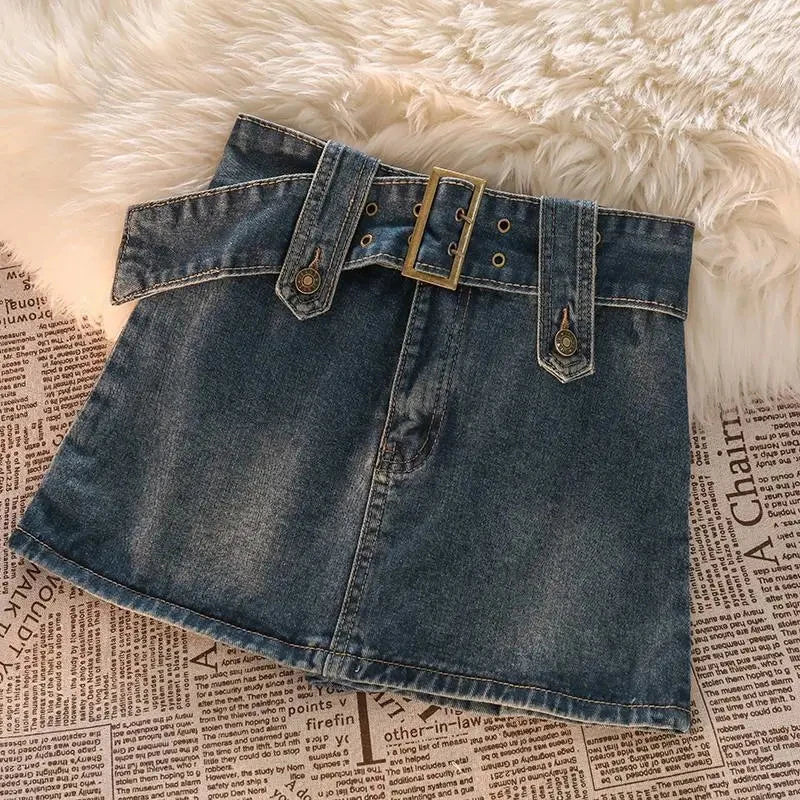 Skirts Female Casual Ball Gown Korean Slim A Line Skirts New Vintage Women Denim Mini Skirts Summer Solid Belt Sexy Jeans
