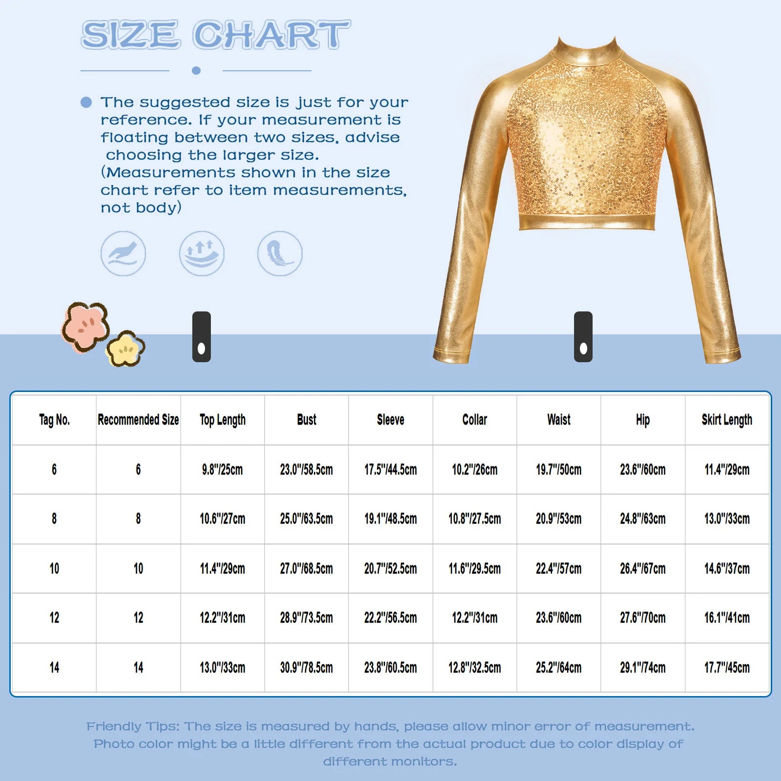 Kids Girls Shiny Metallic Crop Top Mock Neck Long Sleeve Front Sequin Fully Lined Athletic T-Shirts Jazz Hip-hop Dance Tops