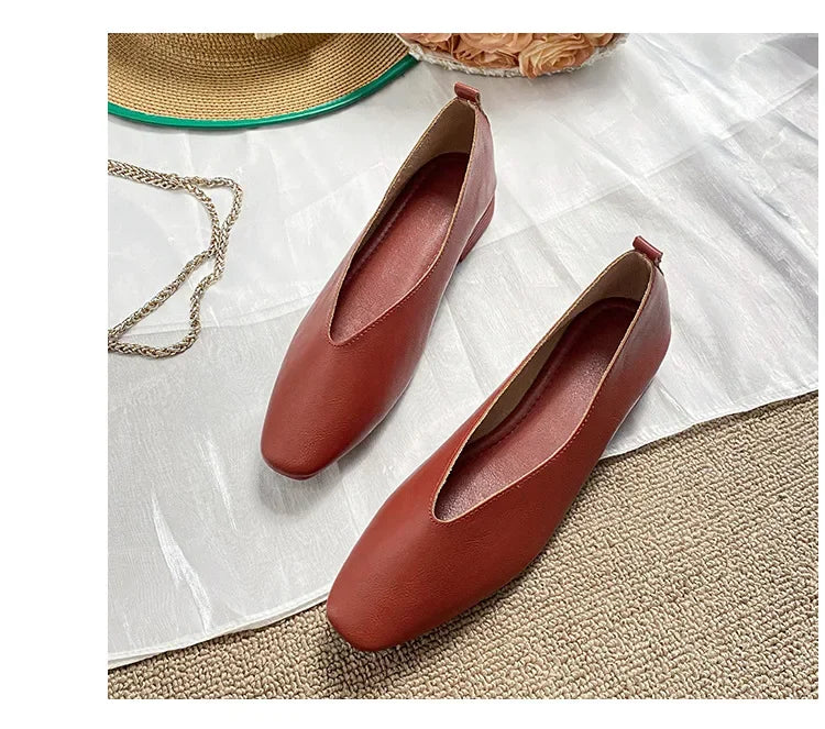 Genuine Leather Multi-color Low-heeled women's Shoes  Round Toe Flat Bottom Shallow Cut Single Shoe Casual Versatile Loafers
