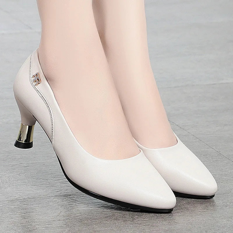 Genuine Leather Women's Shoes 2023 Spring New Single Leather Shoes Work Shoes Mid-high Heel All-match Ladies Women's Shoes