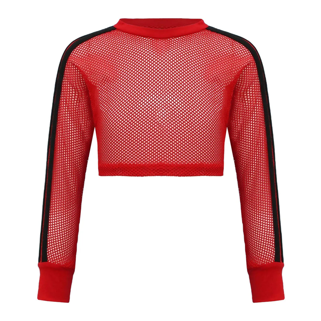 Kids Girls Fishnet T-shirt Hip Hop Street Dance Tops Long Sleeve Round Neck Hollow Out Mesh Crop Top for Workout Gym Sportswear