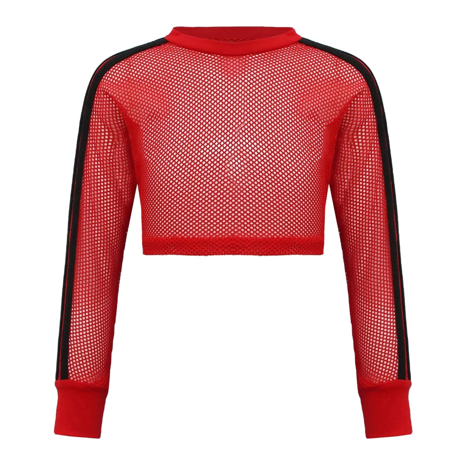 Kids Girls Fishnet T-shirt Hip Hop Street Dance Tops Long Sleeve Round Neck Hollow Out Mesh Crop Top for Workout Gym Sportswear