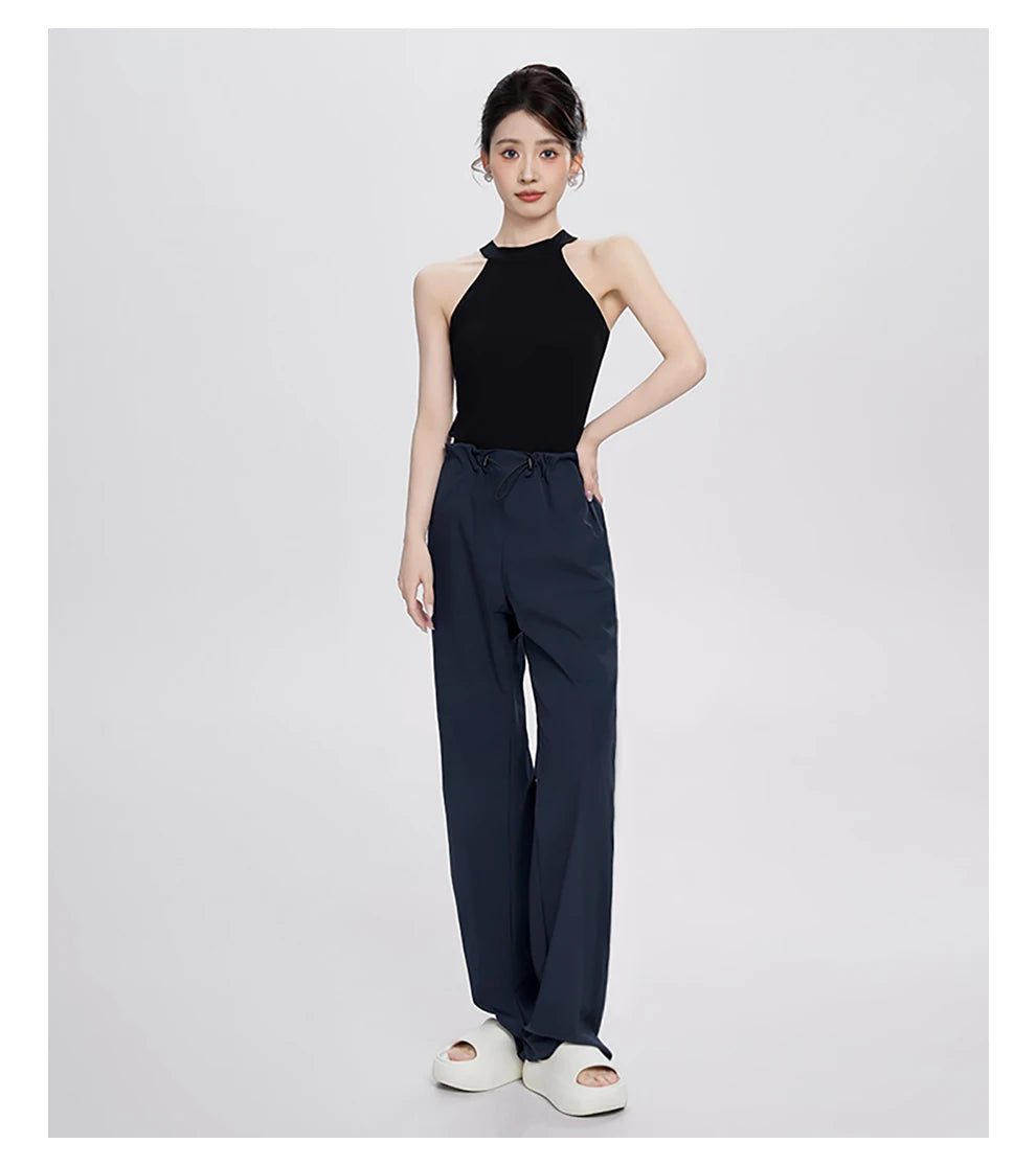 Women Adjustable High Waist Nylon Perspiration Casual Trousers with Pockets Female Athletic Dance Straight-leg Tracksuit Pants