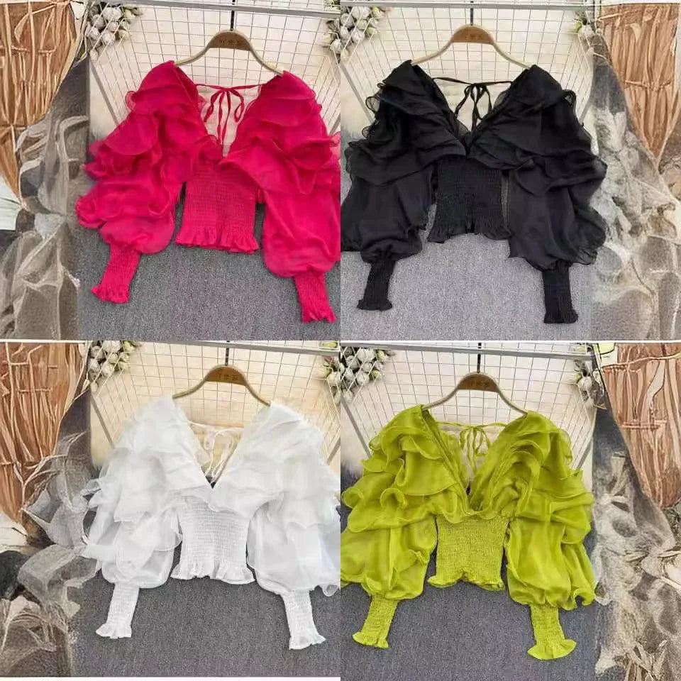 Women Blouse Shirts V Neck Lantern Sleeve Sexy Blouses Casual Work Party Club Ruffles Slim Elegant Splice High Waist Y2k Tops