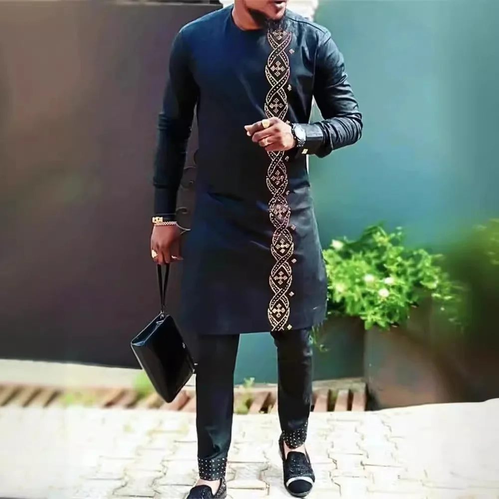 2 Piece African Clothes for Men Spring Fashion African Long Sleeve Top Long Pant Matching Sets Outfits Dashiki African Clothing
