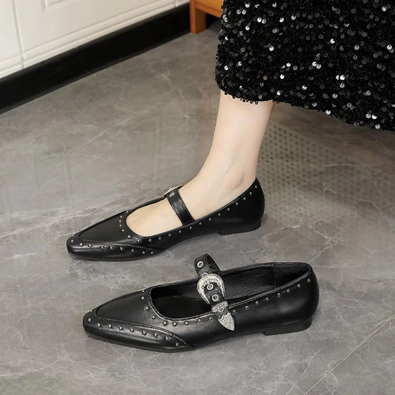 Women's Dance Shoes, Lightweight Punk Rivet Mary Jane Flats, Metallic Pointed Toe Casual Shoes for Festival,Party and Streetwear