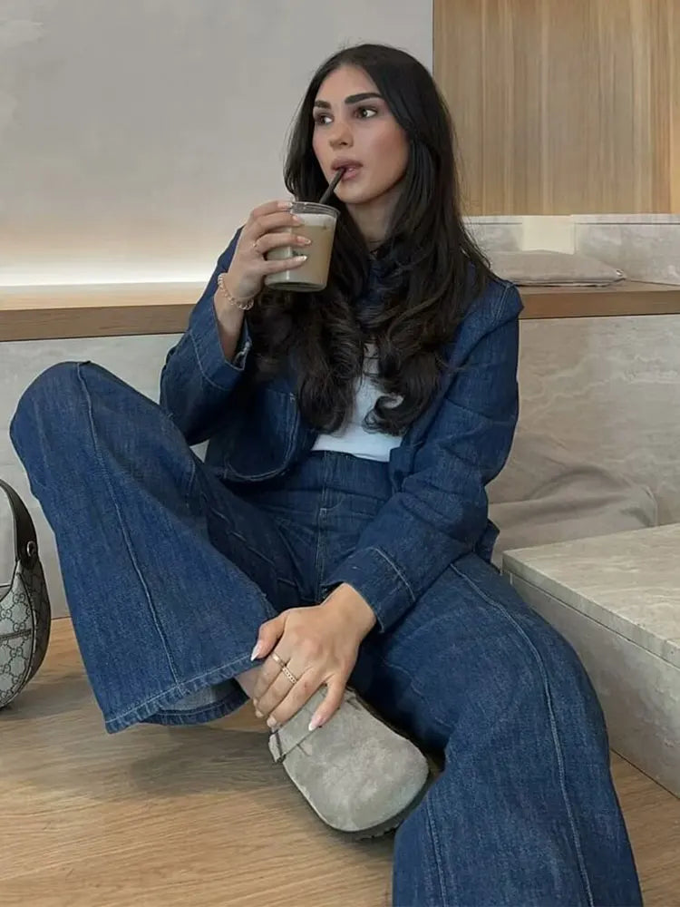 HH 2024 Spring Women 2 Piece Denim Trousers Suits Solid O Neck Coat Top + Pockets Elegant Female Straight Wide Leg Long Pant