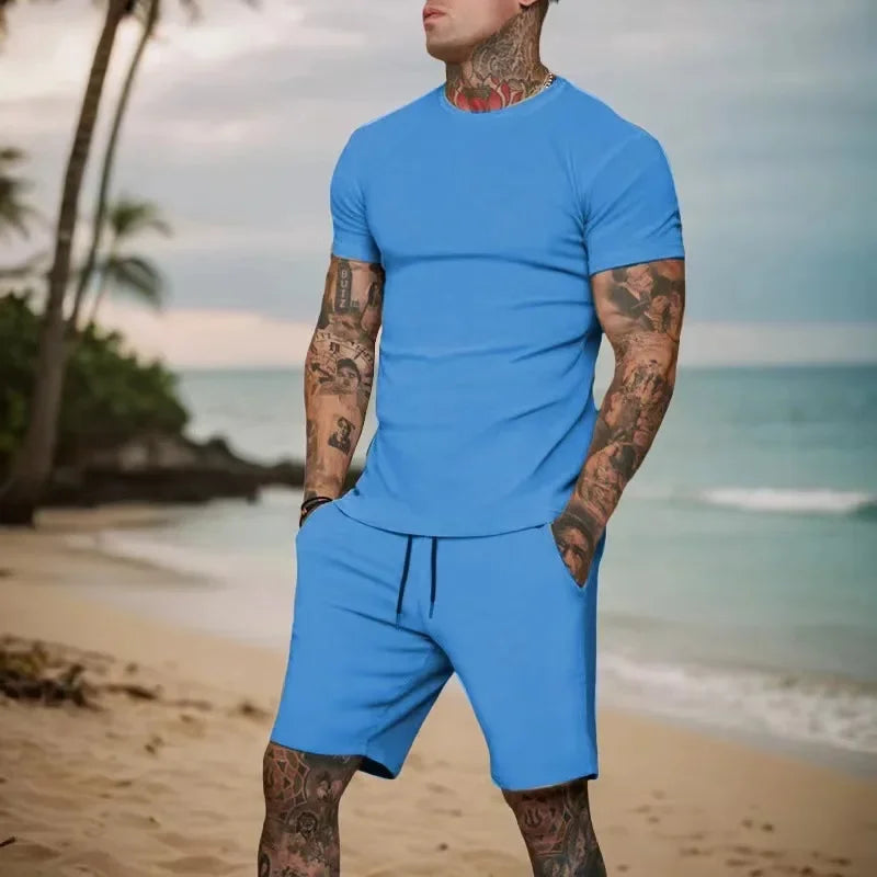 New summer fitness sportswear for men short-sleeved T-shirt and shorts two-piece set breathable and quick-drying casual wear.