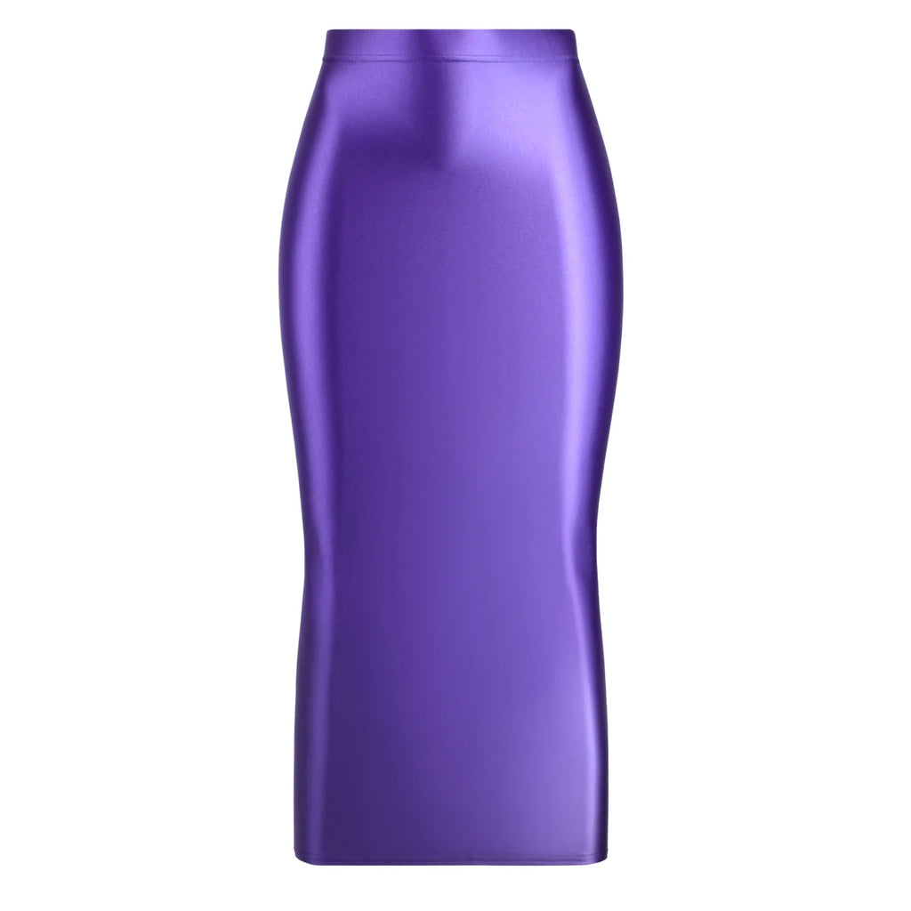 MJINM Women Sexy Oil Silky Satin Shiny Glossy High Elastic Skirt Hip Wrap One-step Ankle-Length Skirt Smooth Slimming Fit Skirt
