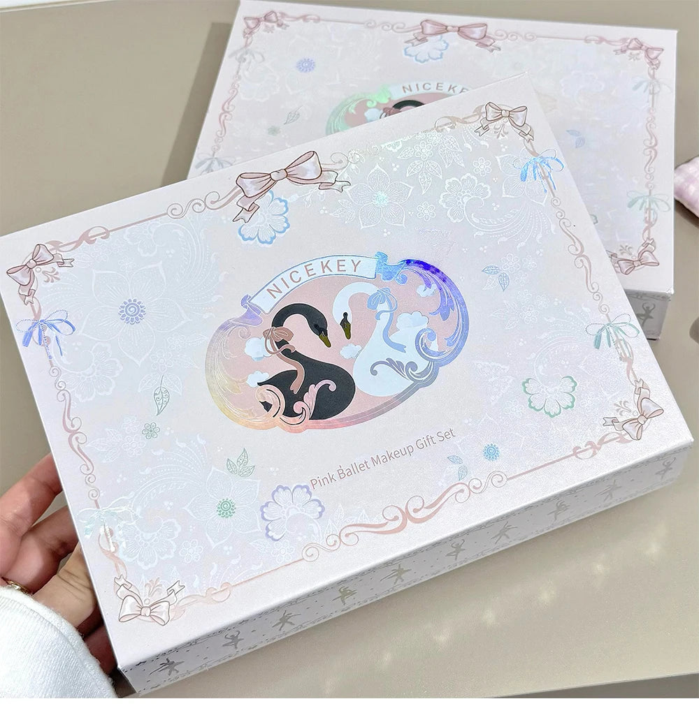 NICEKEY Pink Ballet Makeup Box Include 1*Lip mud,1*Pressed Powder,1*Highlight Powder,1*Eyeshadow Palette Powder With Necklace