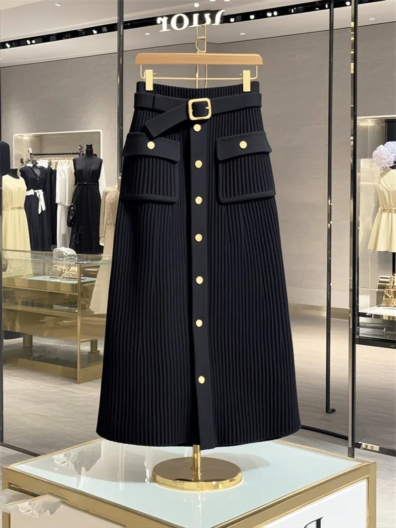 Elegant Office Lady High Waist Wrapped Knitted Skirts Autumn New Fashion Single Breasted Slim Temperam Wool Midi Skirt