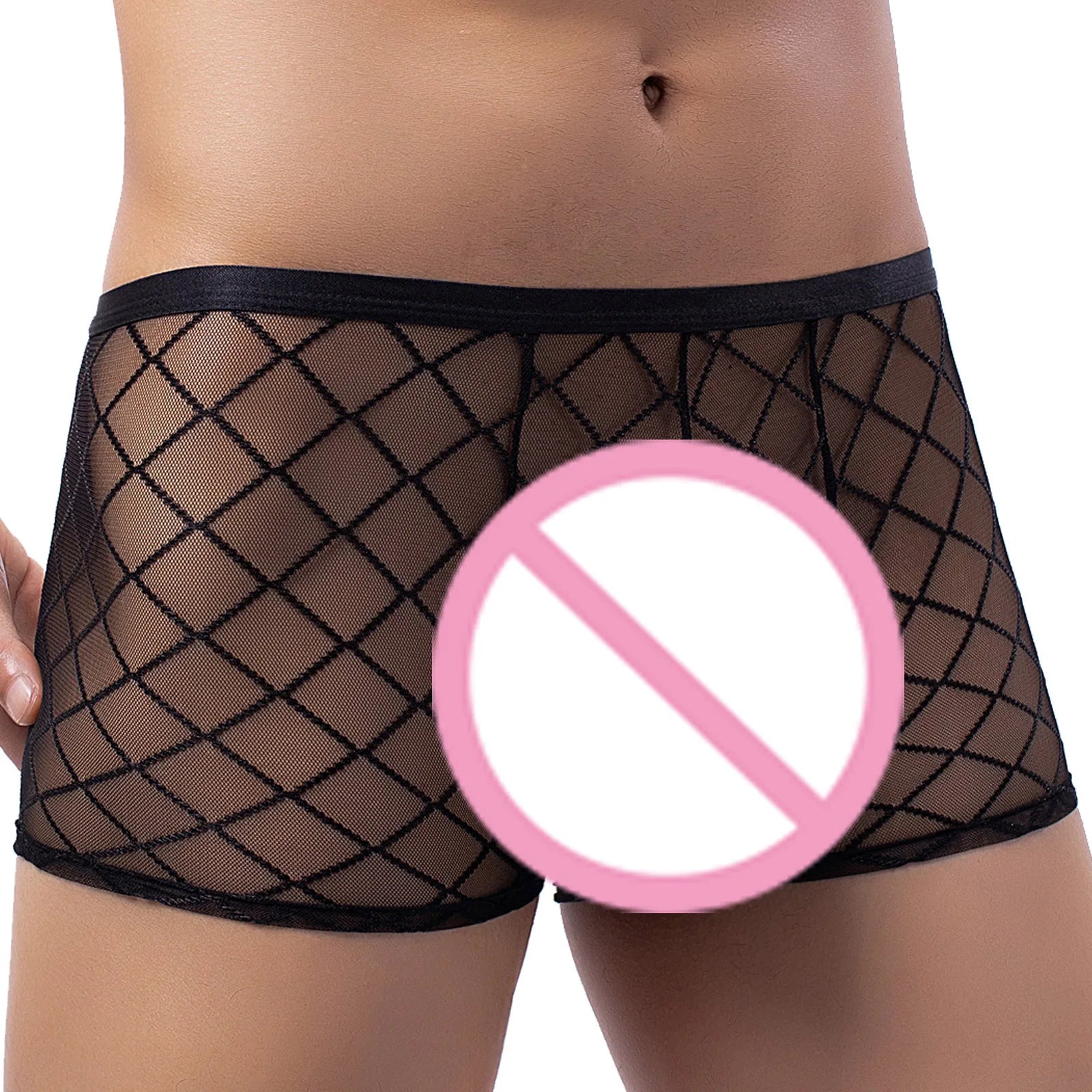 Men's Sexy Transparent Lace Panties Fishnet Sheer Boxer Shorts Breathable Low Rise Lingerie Exotic Costume Mesh Outfit