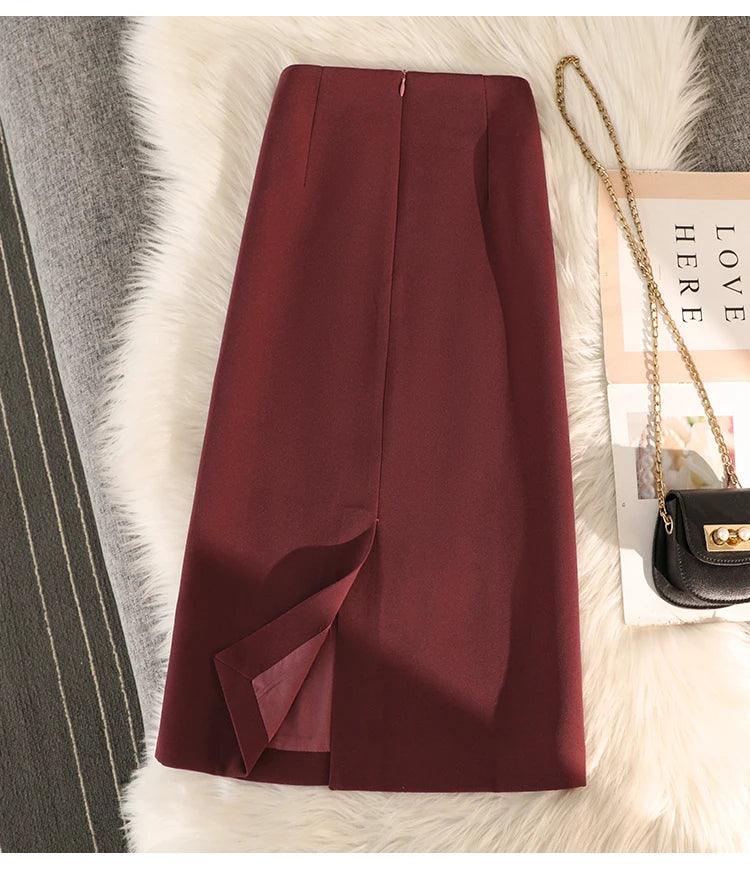 Elegant Office Ladies Work Suit Straight Skirt Women Autumn Winter Korean Fashion High Waist Split Business Midi Long Skirts