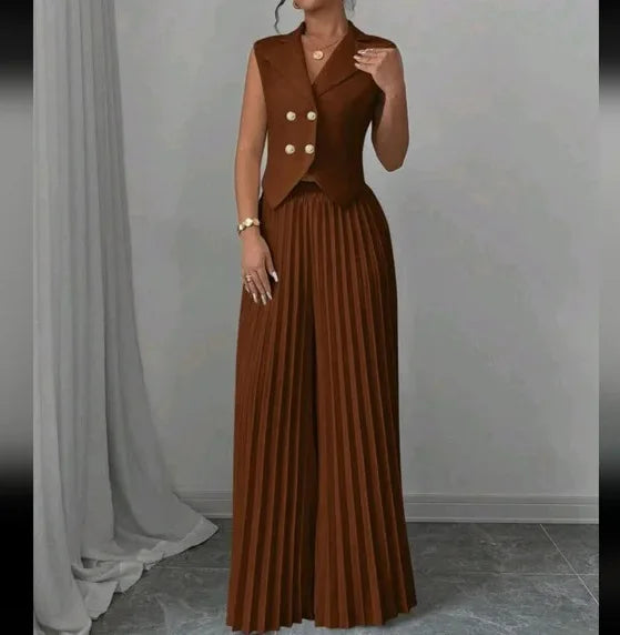 Elegant Formal Women Vest Trousers 2 Pieces Spring New Fashion Retro Wide-leg Pleated Pants Slimming Sleeveless Vest Female Set