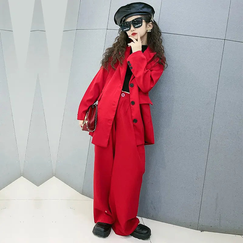 Girls Red Blazer Suits Clothing Sets Spring Autumn Kids Jackets+Pants Fashion Loose Formal Teenager Casual Outfits 5-14Years Old