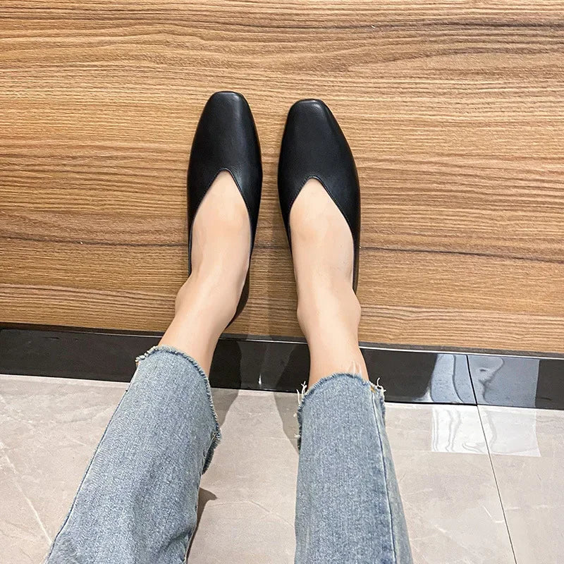 Genuine Leather Multi-color Low-heeled women's Shoes  Round Toe Flat Bottom Shallow Cut Single Shoe Casual Versatile Loafers