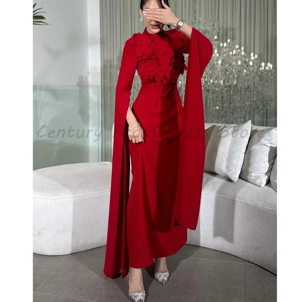 Red High Neck Evening Dress Luxury 3D Flower Cape Sleeve Ruched Waist Sheath Mermaid Formal Prom Gown For Women