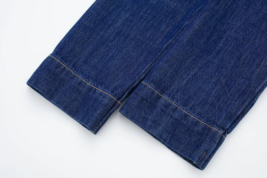 HH 2024 Spring Women 2 Piece Denim Trousers Suits Solid O Neck Coat Top + Pockets Elegant Female Straight Wide Leg Long Pant