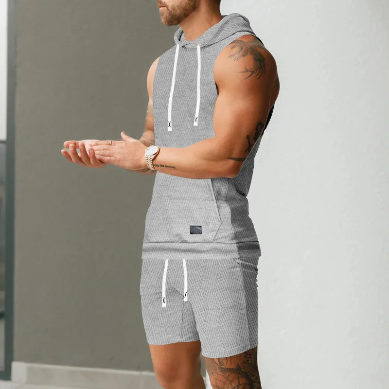 2026 Men's Casual 2 Piece Set Fashion Jacquard Knitted T-shirt Hooded Sleeveless Vest Elastic Waist Shorts Jogging Fitness Suit