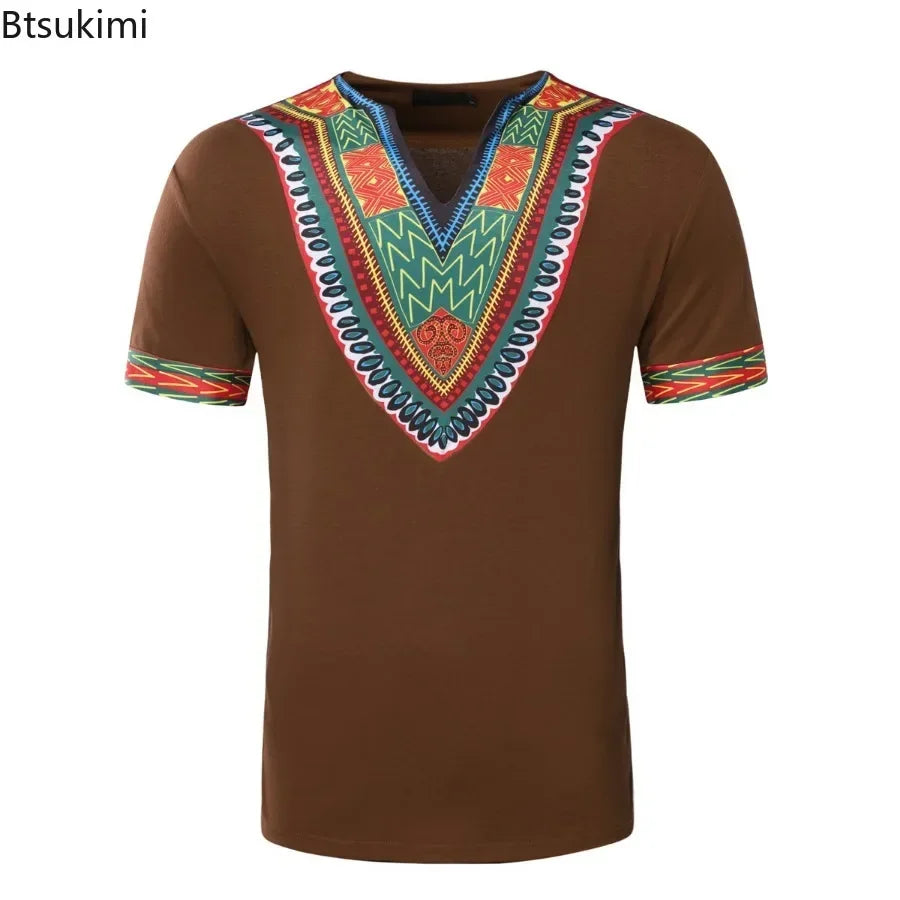 2026 Men's African Traditional Clothing Men Dashiki Short Sleeve T-shirt Fashion V-neck Printed Ethnic Style Casual Tops for Men
