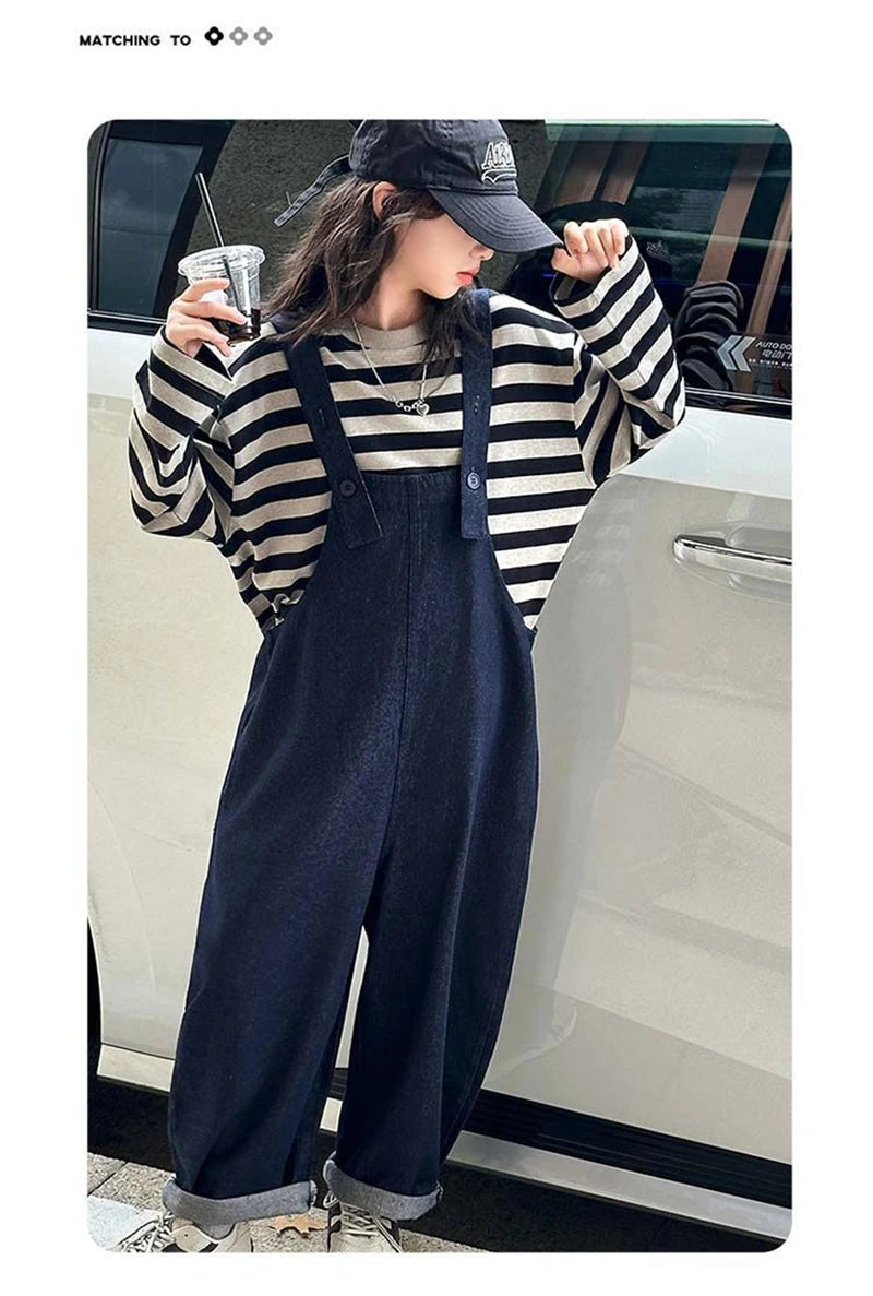 Girls 2 Piece Outfit Korean Style Kids Striped Long Sleeve T-shirt + Loose Denim Overalls Set Spring Autumn Children's Clothing