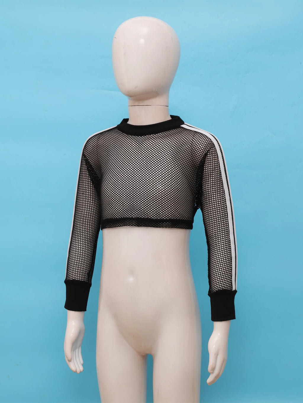 Kids Girls Fishnet T-shirt Hip Hop Street Dance Tops Long Sleeve Round Neck Hollow Out Mesh Crop Top for Workout Gym Sportswear