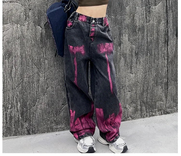 Kids Jeans for Girls Fashion Graffiti Dyeing 2025 Spring Autumn Hot Sales Teenager Unique Wide Leg Pants Korean Style Trousers