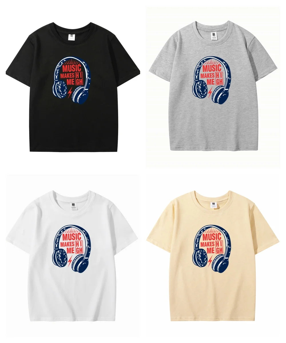 Teens Music Headset/Headphone Print T Shirts Boys Cotton Fashion T Shirt Children Summer Short Sleeve Trendy Loose DJ Tee Tops