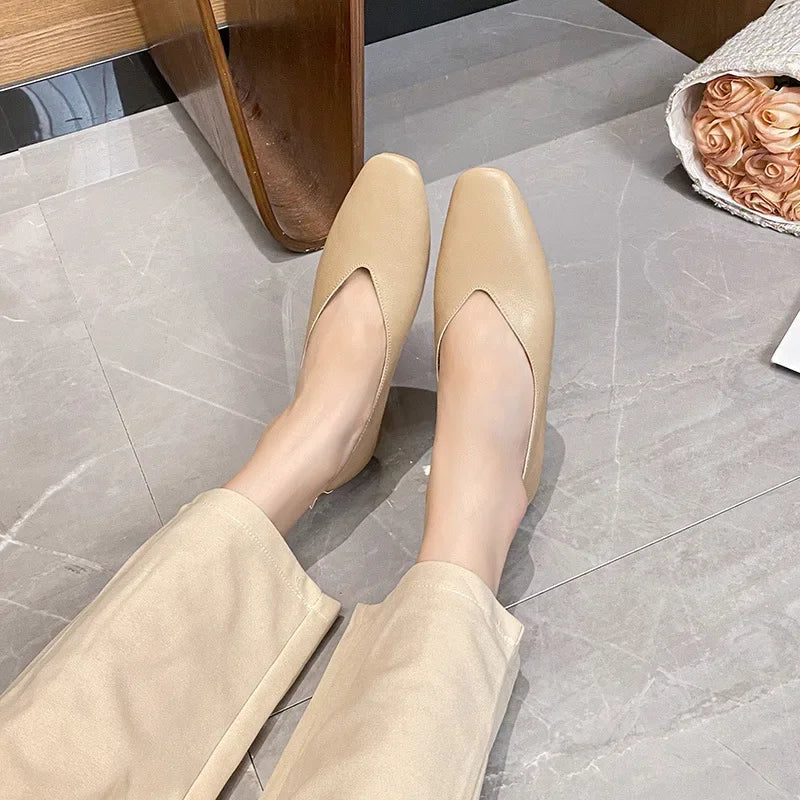 Genuine Leather Multi-color Low-heeled women's Shoes  Round Toe Flat Bottom Shallow Cut Single Shoe Casual Versatile Loafers