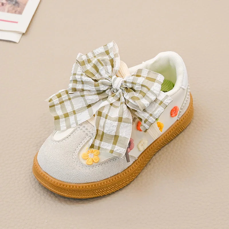 2026 New Girl Casual Sports Shoes Fashion Plaid Bowknot School Cute Flower Children Tennis Shoes Running Kids Patchwork Sneakers