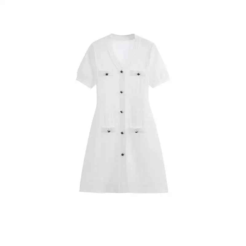 Summer V Neck Single Breasted Knitting Mini Dresses for Women 2024 Fashion Short Sleeve Mini Party Dress Vestidos Female