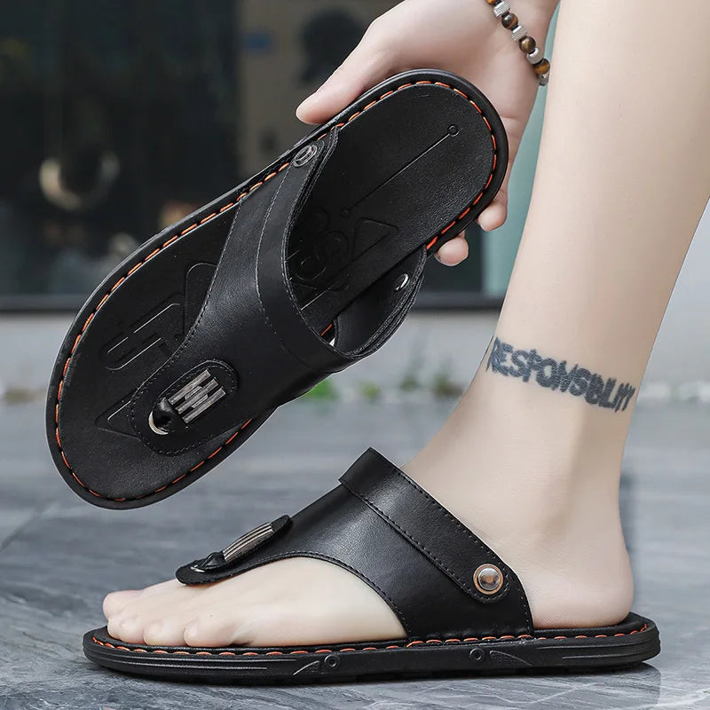 2025 New Men's Outerwear Beach Shoes, Korean-style Trendy Rubber Sandals, Summer Handmade Leather Sandals