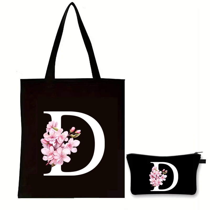 Cherry Blossom Initials Alphabet Cosmetic Bags Women Vintage Floral Letter A-Z Handbag Fashion Girl Makeup Bag Shoulder Bags Set
