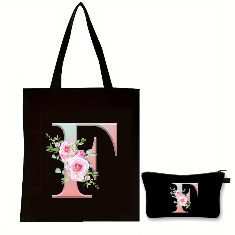 Rose Floral Letter Zipper Makeup Pouch Travel Essentials Storage Tote Bag Women Vintage Flower Alphabet Handbag Cosmetic Bag Set
