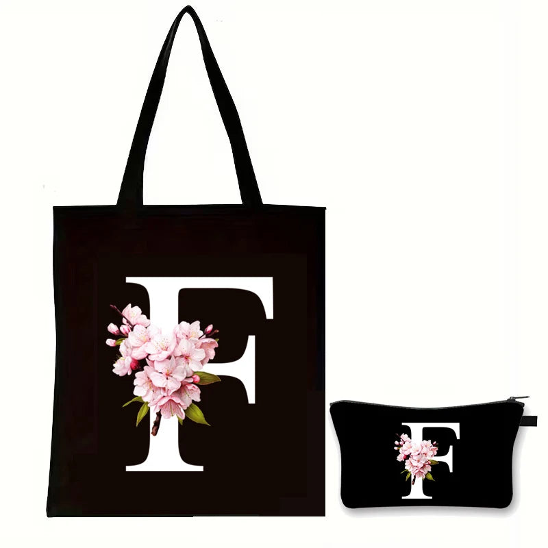 Cherry Blossom Initials Alphabet Cosmetic Bags Women Vintage Floral Letter A-Z Handbag Fashion Girl Makeup Bag Shoulder Bags Set