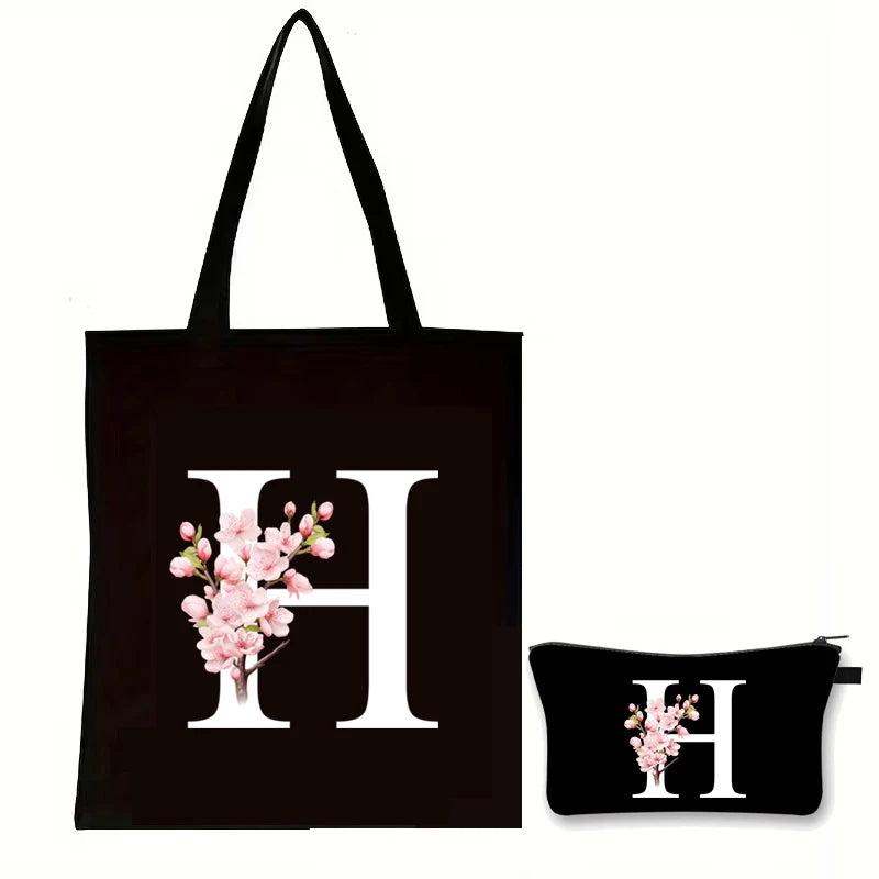 Cherry Blossom Initials Alphabet Cosmetic Bags Women Vintage Floral Letter A-Z Handbag Fashion Girl Makeup Bag Shoulder Bags Set