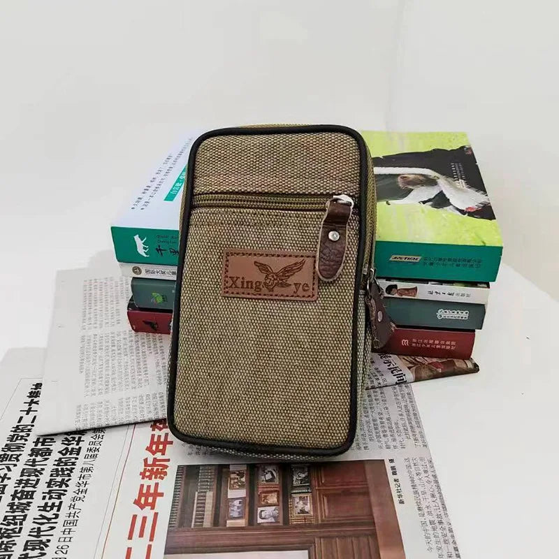 Wear-resistant canvas waist bag for men wearing belts, horizontal and vertical waist-hanging wallet, outdoor work waist bag